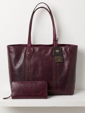 RARE FRYE Concord Purple Leather Shopper Tote Matching Wallet NWT Dustbag